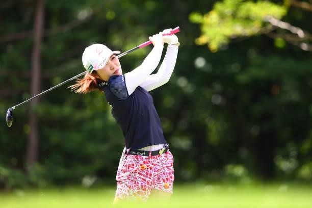 Ayaka Furue of Japan hits her tee shot on the 4th hole during third round of the GMO Internet Ladies Samantha Thavasa Global Cup at Eagle Point Golf...