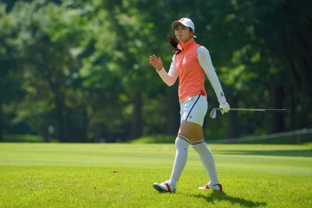 Kotone Hori of Japan acknowledges fans after her second shot on the 4th hole during third round of the GMO Internet Ladies Samantha Thavasa Global...