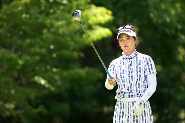 Nozomi Uetake of Japan is seen before her tee shot on the 4th hole during third round of the GMO Internet Ladies Samantha Thavasa Global Cup at Eagle...