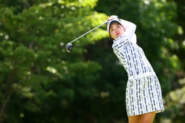 Nozomi Uetake of Japan hits her tee shot during third round of the GMO Internet Ladies Samantha Thavasa Global Cup at Eagle Point Golf Club on July...