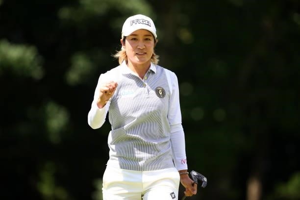 Asako Fujimoto of Japan acknowledges fans after the birdie on the 3rd green during third round of the GMO Internet Ladies Samantha Thavasa Global Cup...