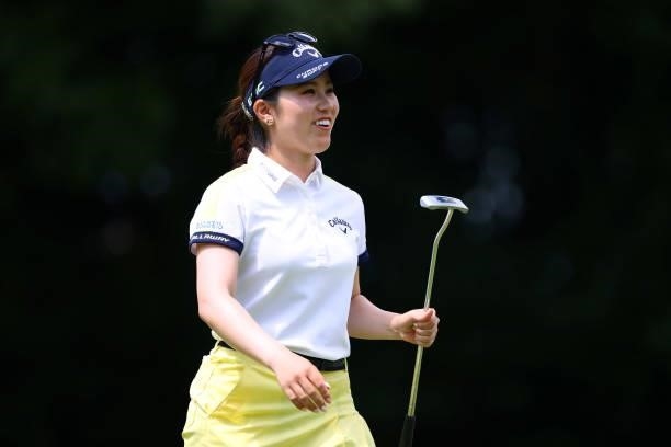Yuna Nishimura of Japan celebrates the birdie on the 3rd green during third round of the GMO Internet Ladies Samantha Thavasa Global Cup at Eagle...