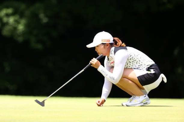 Sayaka Takahashi of Japan lines up a putt on the 3rd green during third round of the GMO Internet Ladies Samantha Thavasa Global Cup at Eagle Point...