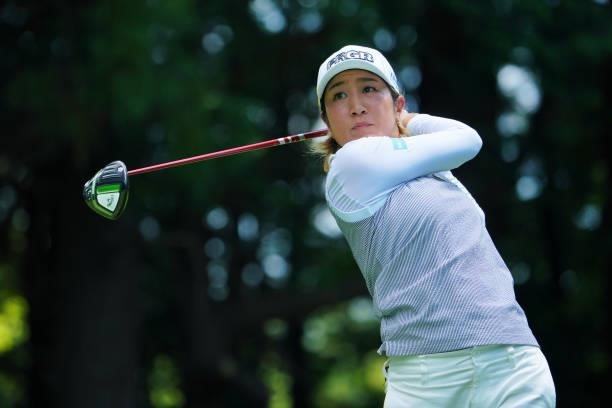 Asako Fujimoto of Japan hits her tee shot on the 6th hole during third round of the GMO Internet Ladies Samantha Thavasa Global Cup at Eagle Point...