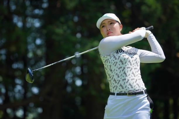 Sayaka Takahashi of Japan hits her tee shot on the 6th hole during third round of the GMO Internet Ladies Samantha Thavasa Global Cup at Eagle Point...