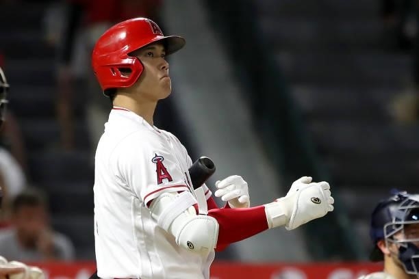Shohei Ohtani of the Los Angeles Angels looks on during his at bat during the eighth inning against the Seattle Mariners at Angel Stadium of Anaheim...