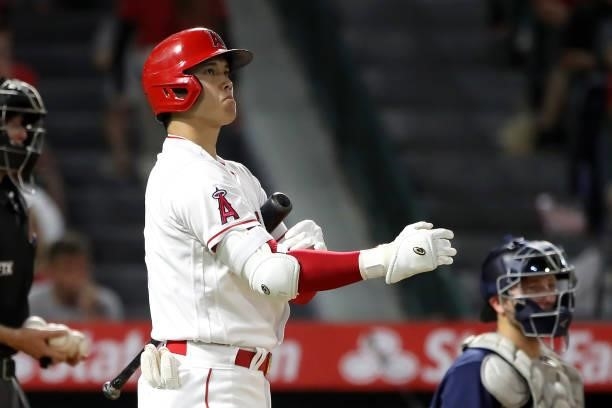 Shohei Ohtani of the Los Angeles Angels looks on during his at bat during the eighth inning against the Seattle Mariners at Angel Stadium of Anaheim...