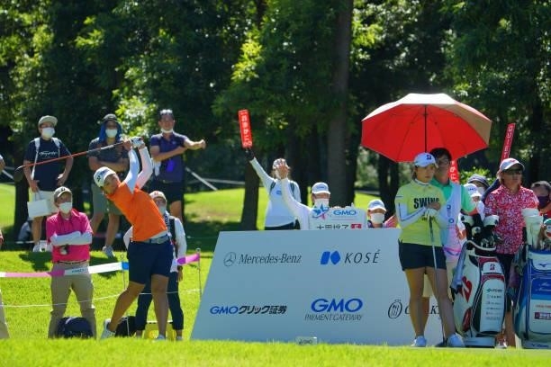 Maiko Wakabayashi of Japan hits her tee shot on the 18th hole during third round of the GMO Internet Ladies Samantha Thavasa Global Cup at Eagle...