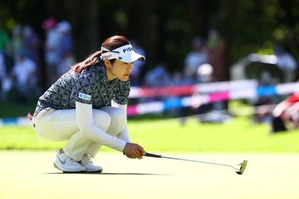 Sumika Nakasone of Japan lines up a putt on the 18th green during third round of the GMO Internet Ladies Samantha Thavasa Global Cup at Eagle Point...