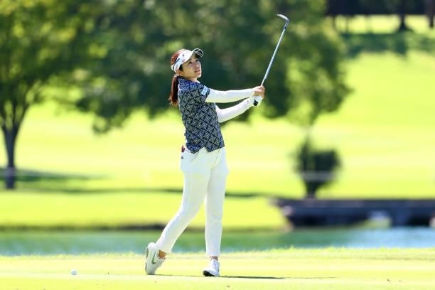 Sumika Nakasone of Japan hits her second shot on the 18th hole during third round of the GMO Internet Ladies Samantha Thavasa Global Cup at Eagle...
