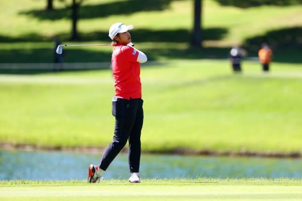 Mayu Hamada of Japan hits her second shot on the 18th hole during third round of the GMO Internet Ladies Samantha Thavasa Global Cup at Eagle Point...