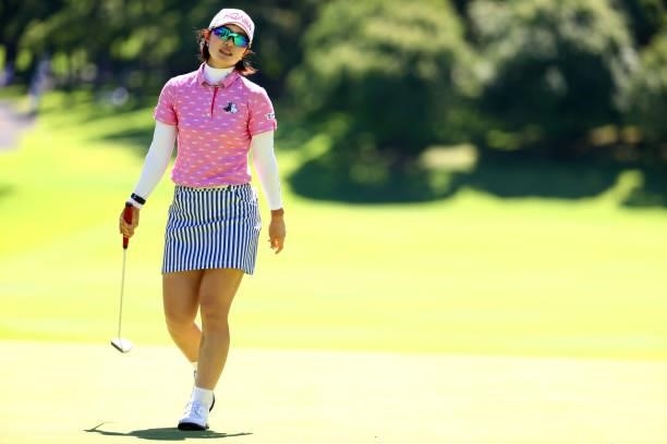 Minami Hiruta of Japan reacts after a putt on the 18th green during third round of the GMO Internet Ladies Samantha Thavasa Global Cup at Eagle Point...