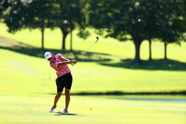 Mao Nozawa of Japan hits her second shot on the 18th hole during final round of the GMO Internet Ladies Samantha Thavasa Global Cup at Eagle Point...