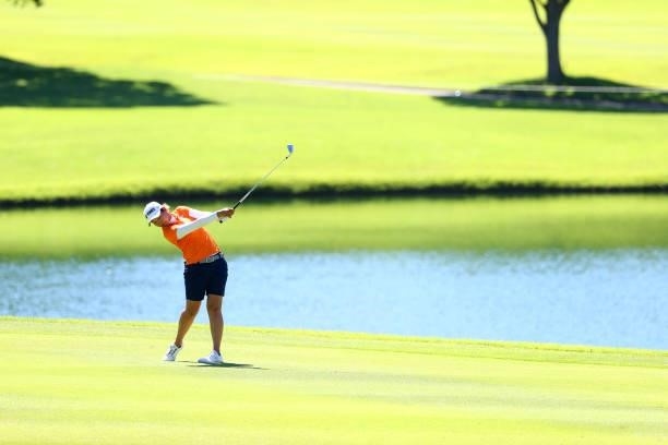 Maiko Wakabayashi of Japan hits her second shot on the 18th hole during final round of the GMO Internet Ladies Samantha Thavasa Global Cup at Eagle...