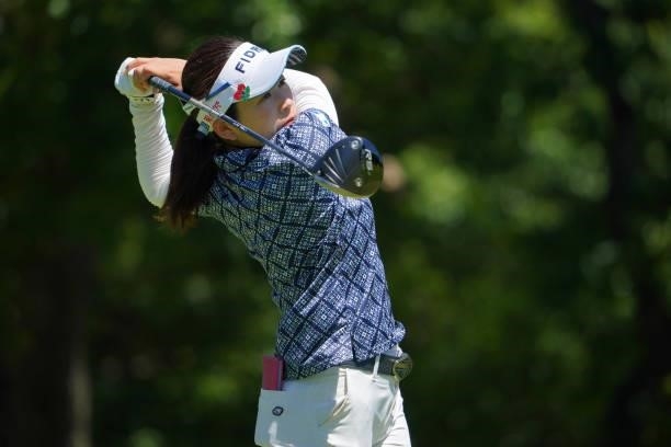 Sumika Nakasone of Japan hits her tee shot on the 14th hole during third round of the GMO Internet Ladies Samantha Thavasa Global Cup at Eagle Point...