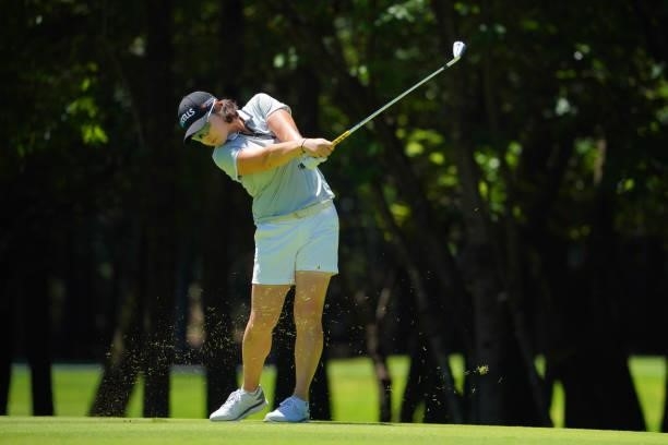 Min-young Lee of South Korea hits her second shot on the 13th hole during third round of the GMO Internet Ladies Samantha Thavasa Global Cup at Eagle...