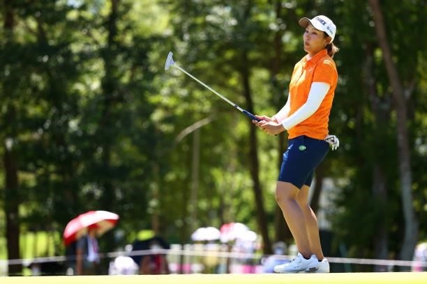 Maiko Wakabayashi of Japan celebrates the birdie on the 10th green during third round of the GMO Internet Ladies Samantha Thavasa Global Cup at Eagle...