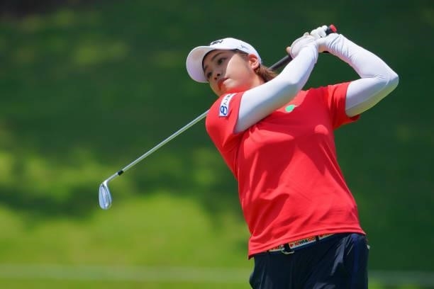 Mayu Hamada of Japan hits her second shot on the 7th hole during third round of the GMO Internet Ladies Samantha Thavasa Global Cup at Eagle Point...