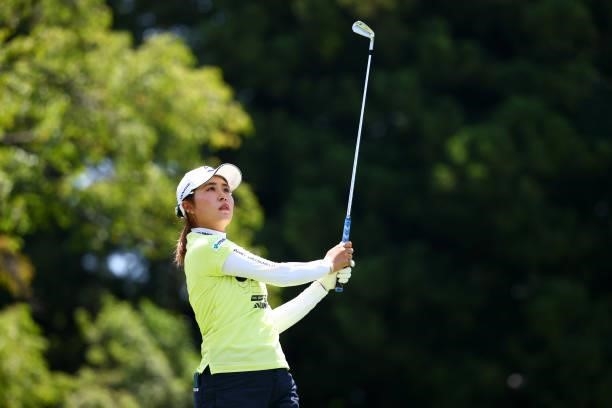 Momoko Osato of Japan hits her tee shot on the 5th hole during third round of the GMO Internet Ladies Samantha Thavasa Global Cup at Eagle Point Golf...