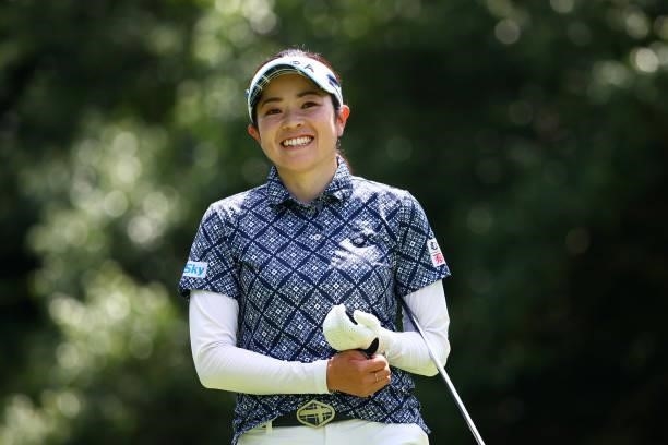 Sumika Nakasone of Japan smiles on the 5th hole during third round of the GMO Internet Ladies Samantha Thavasa Global Cup at Eagle Point Golf Club on...