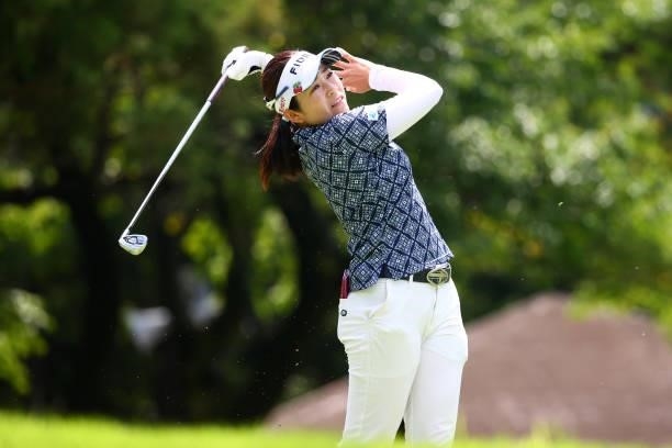 Sumika Nakasone of Japan hits her tee shot on the 5th hole during third round of the GMO Internet Ladies Samantha Thavasa Global Cup at Eagle Point...