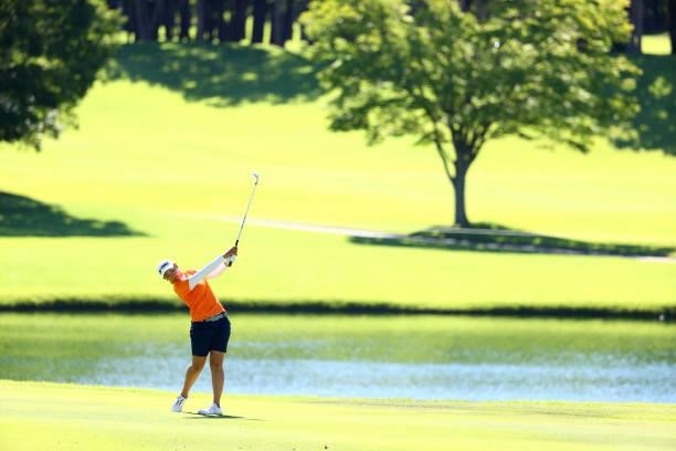 Maiko Wakabayashi of Japan hits her second shot on the playoff first hole on the 18th hole during final round of the GMO Internet Ladies Samantha...