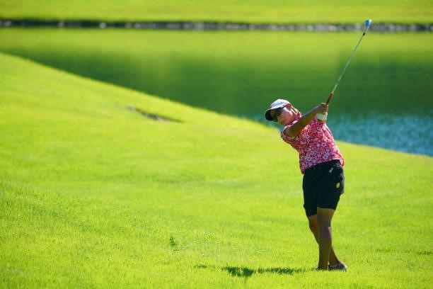 Mao Nozawa of Japan hits her second shot on the playoff first hole on the 18th hole during final round of the GMO Internet Ladies Samantha Thavasa...