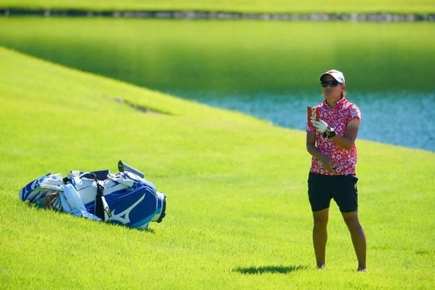 Mao Nozawa of Japan is seen before her second shot on the playoff first hole on the 18th hole during final round of the GMO Internet Ladies Samantha...