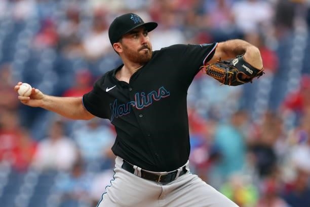 Pitcher Zach Thompson of the Miami Marlins delivers a pitch against the Philadelphia Phillies during the first inning of a game at Citizens Bank Park...