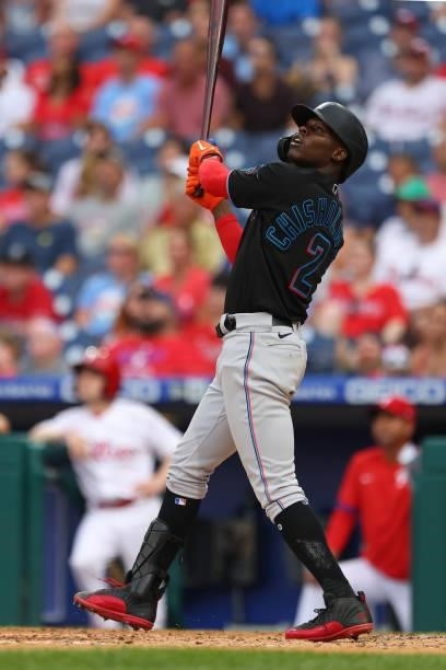 Jazz Chisholm Jr. #2 of the Miami Marlins in action against the Philadelphia Phillies during the ninth inning of a game at Citizens Bank Park on July...