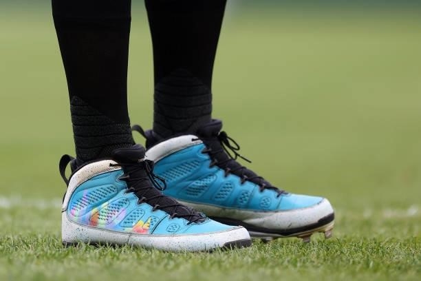 The Nike shoes worn by Miguel Rojas of the Miami Marlins in action against the Philadelphia Phillies during the ninth inning of a game at Citizens...