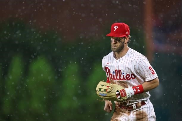 Bryce Harper of the Philadelphia Phillies in action against the Miami Marlins during a game at Citizens Bank Park on July 17, 2021 in Philadelphia,...