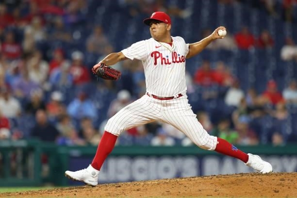 Ranger Suarez of the Philadelphia Phillies in action against the Miami Marlins during a game at Citizens Bank Park on July 17, 2021 in Philadelphia,...