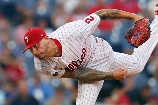 Vince Velasquez of the Philadelphia Phillies in action against the Miami Marlins during a game at Citizens Bank Park on July 17, 2021 in...