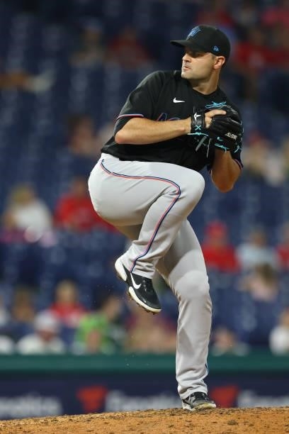 Richard Bleier of the Miami Marlins in action against the Philadelphia Phillies during a game at Citizens Bank Park on July 17, 2021 in Philadelphia,...