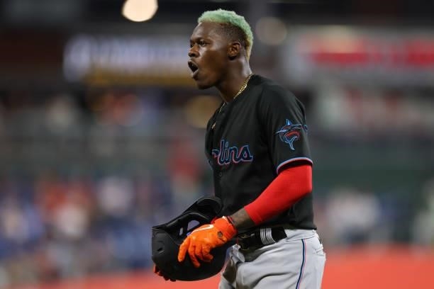Jazz Chisholm Jr. #2 of the Miami Marlins in action against the Philadelphia Phillies during the ninth inning of a game at Citizens Bank Park on July...