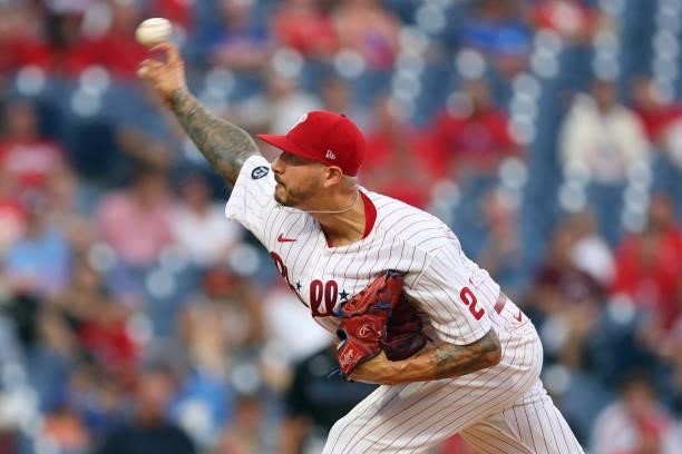 Vince Velasquez of the Philadelphia Phillies in action against the Miami Marlins during a game at Citizens Bank Park on July 17, 2021 in...
