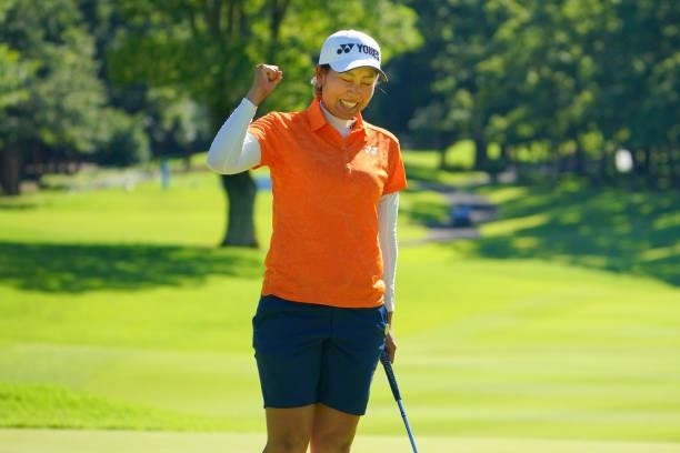 Maiko Wakabayashi of Japan celebrates holing the winning putt on the 18th green on the playoff second hole during final round of the GMO Internet...