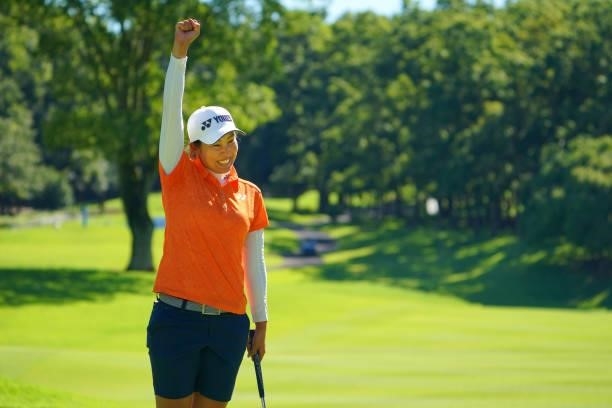 Maiko Wakabayashi of Japan celebrates winning the tournament on the 18th green on the playoff second hole during final round of the GMO Internet...