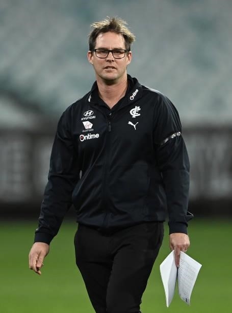 Blues coach, David Teague is seen at the break during the round 18 AFL match between Collingwood Magpies and Carlton Blues at Melbourne Cricket...