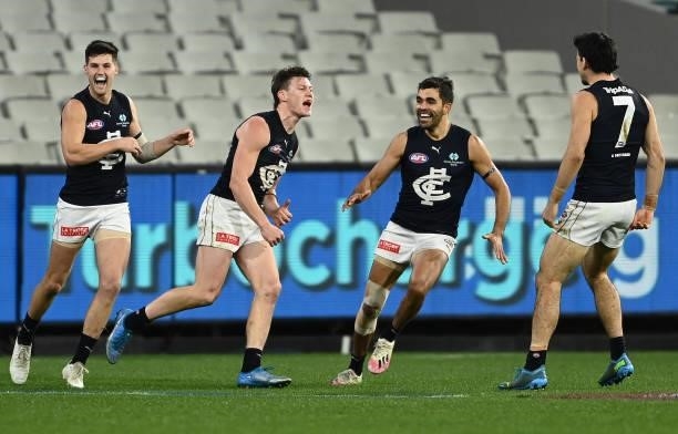 Sam Walsh of the Blues celebrates after scoring a goal during the round 18 AFL match between Collingwood Magpies and Carlton Blues at Melbourne...