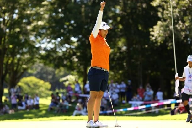 Maiko Wakabayashi of Japan celebrates winning the tournament on the 18th green on the playoff second hole during final round of the GMO Internet...