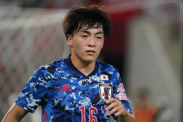Yuki Soma of Japan reacts during the U-24 international friendly match between Japan and Spain at the Noevir Stadium Kobe on July 17, 2021 in kobe,...