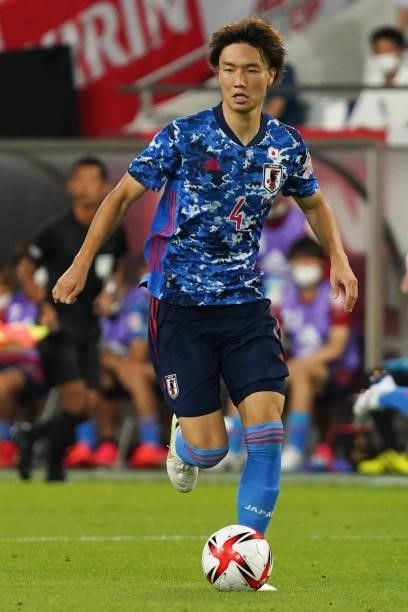 Kou Itakura of Japan in action during the U-24 international friendly match between Japan and Spain at the Noevir Stadium Kobe on July 17, 2021 in...