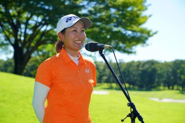 Winner Maiko Wakabayashi of Japan is interviewed after winning the tournament following the final round of the GMO Internet Ladies Samantha Thavasa...