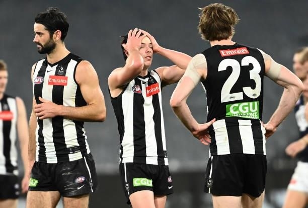 Oliver Henry of the Magpies reacts after the Magpies were defeated by the Blues during the round 18 AFL match between Collingwood Magpies and Carlton...