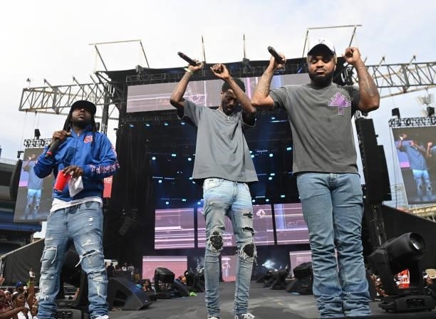 Members of the group Travis Porter, Ali, Strap and Quez perform onstage during Hot 107.9 Birthday Bash 25 at Center Parc Credit Union Stadium at...