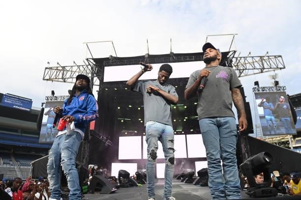 Members of the group Travis Porter, Ali, Strap and Quez perform onstage during Hot 107.9 Birthday Bash 25 at Center Parc Credit Union Stadium at...