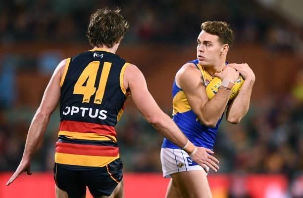 Chris Masten of the Eagles marks in front of Jordan Butts of the Crows during the round 18 AFL match between Adelaide Crows and West Coast Eagles at...