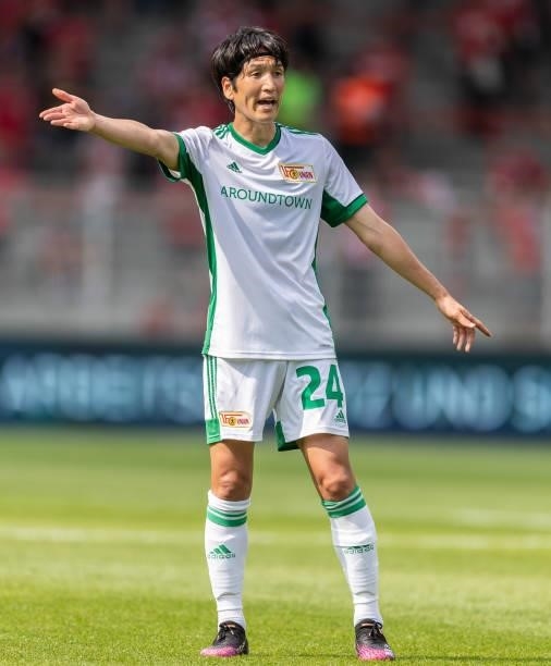 Genki Haraguchi of 1.FC Union Berlin gestures during the Pre-Season friendly match between 1. FC Union Berlin and Dynamo Dresden at Stadion An der...